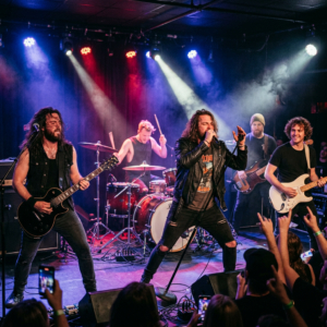 Rock band performing on stage with lead singer, guitarists, drummer, and bassist